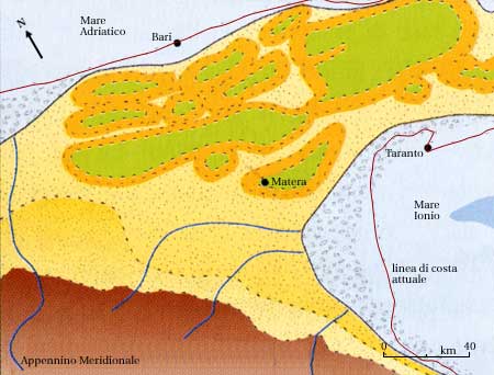 Fig. 5d: Evoluzione dell'arcipelago paleomurgiano e della Fossa Bradanica. Si noti la posizione dell'isola di Matera (Horst di Matera)